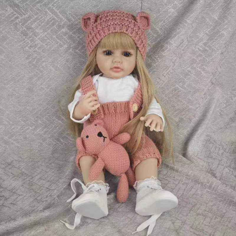 22-inch reborn baby doll with long golden hair, lifelike face and limbs with 3D painted skin and visible veins. A birthday gift for boys and girls. Halloween / Thanksgiving / Christmas gift. Easter gift.
