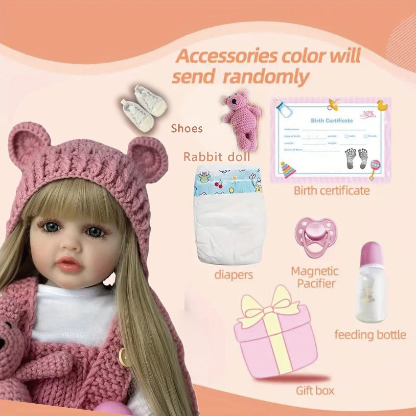 22-inch reborn baby doll with long golden hair, lifelike face and limbs with 3D painted skin and visible veins. A birthday gift for boys and girls. Halloween / Thanksgiving / Christmas gift. Easter gift.