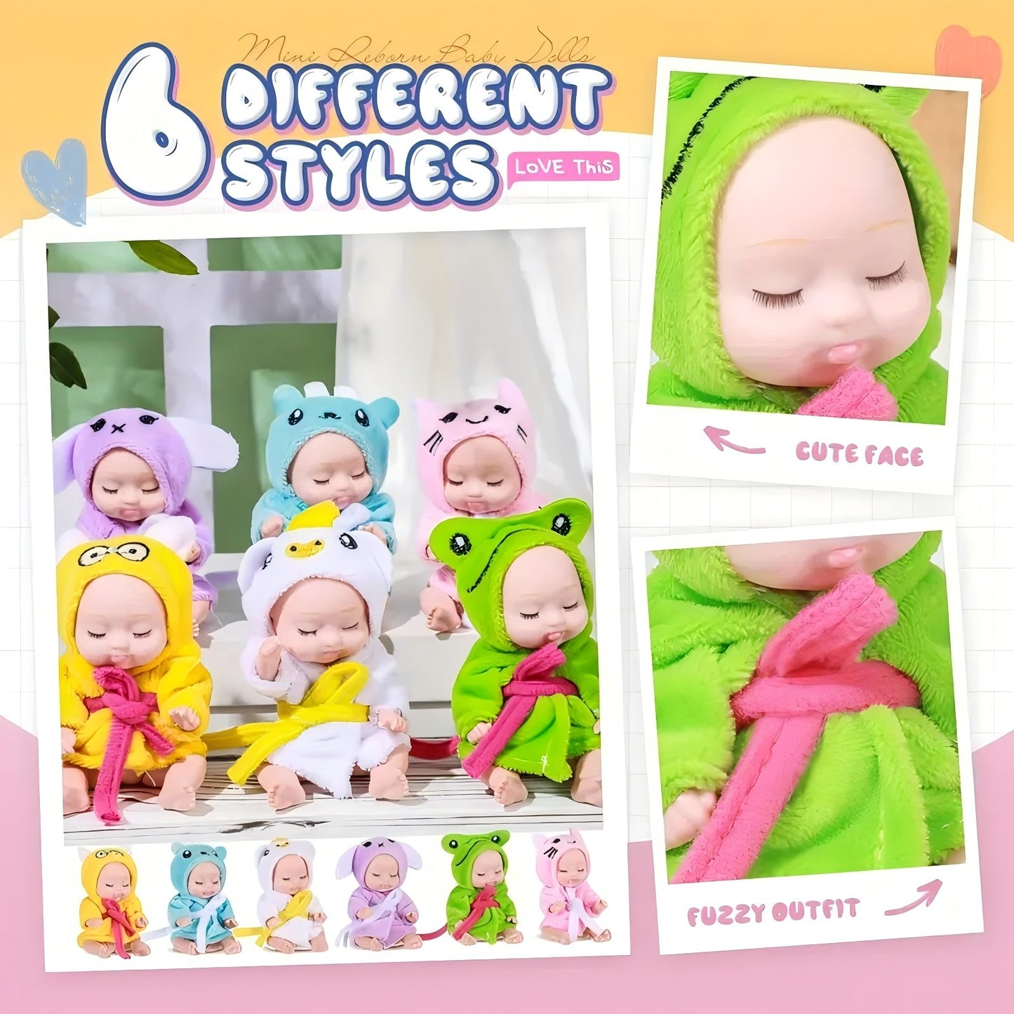 6PCS 4inch Mini Dolls Set - Baby Doll with 6 Animal Outfits & Accessories, Reborn Baby Dolls for Kids Role Play, Perfect Birthday for Children Ages 3+