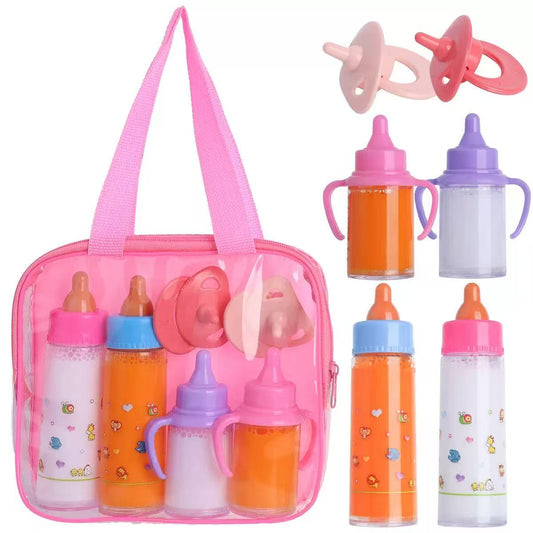 Baby Doll Bottle Accessories - 6 Pcs Feeding Bottle Toys, Magic Disappearing Milk & Juice, 2 Milk & Juice Bottles with Toy Pacifier for Baby Doll