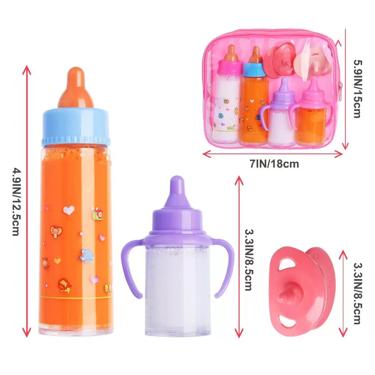 Baby Doll Bottle Accessories - 6 Pcs Feeding Bottle Toys, Magic Disappearing Milk & Juice, 2 Milk & Juice Bottles with Toy Pacifier for Baby Doll