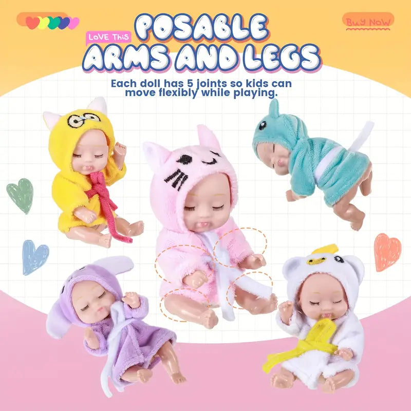 6PCS 4inch Mini Dolls Set - Baby Doll with 6 Animal Outfits & Accessories, Reborn Baby Dolls for Kids Role Play, Perfect Birthday for Children Ages 3+
